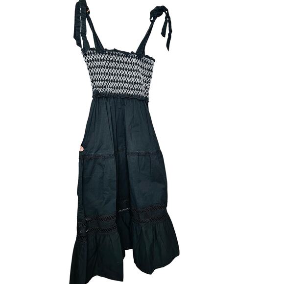 PETER SOM COLLECTIVE Black White Lace Detail A-Line Smocked Midi Dress Size S - Picture 7 of 15